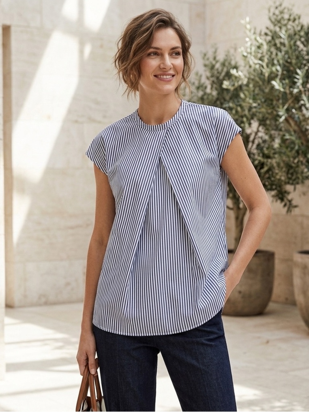 HARSHMAN / Navy Striped Blue and White Cap-Sleeve Top - Sz. S - NWT